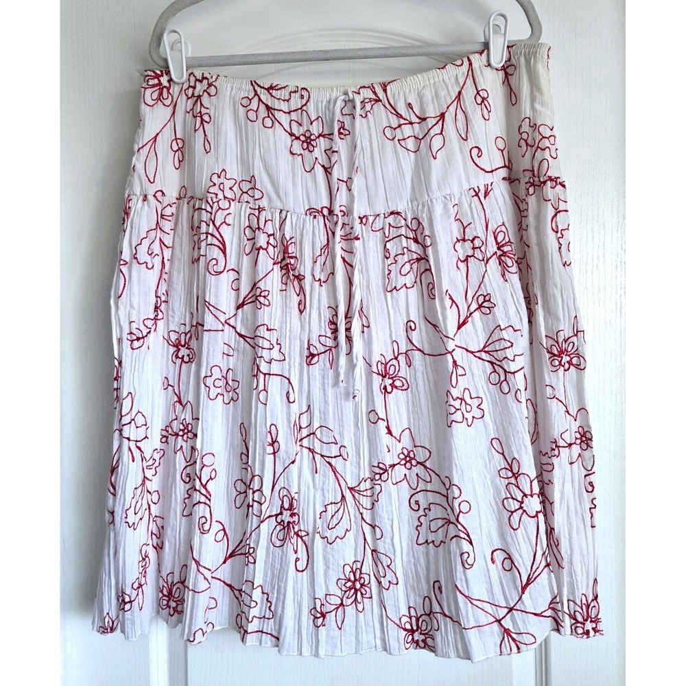 VTG JKLA California White Red Floral Embroidered Crinkle Gauze Skirt Large Boho